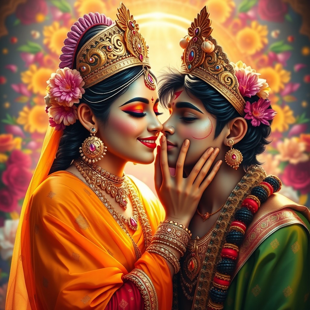A beautiful Hindu goddess, adorned in vibrant traditional attire, gently kisses the cheek of a charming young man named Dev