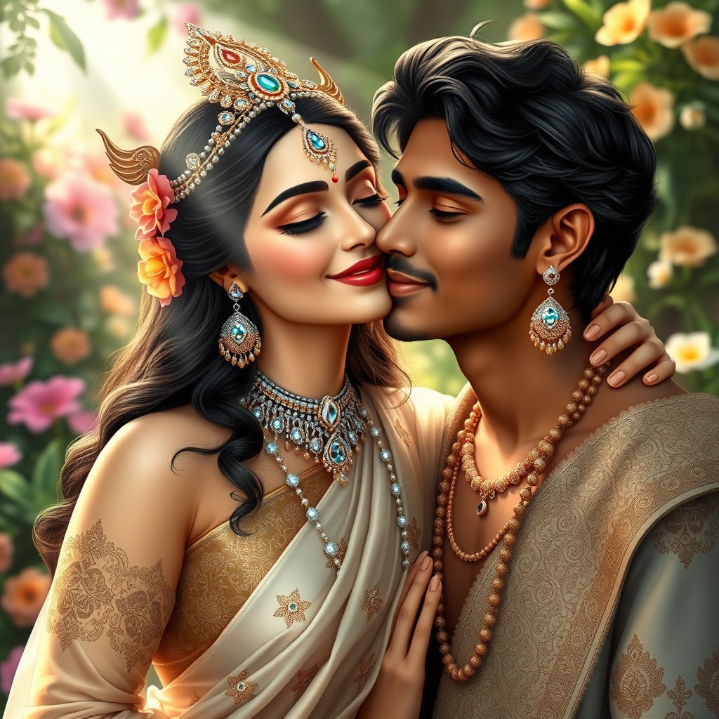A beautiful Hindu goddess, draped in exquisite traditional attire with intricate patterns, tenderly kisses the cheek of a handsome young man named Dev
