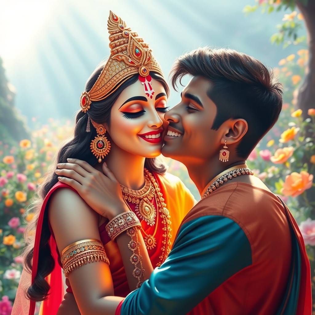 A beautiful Hindu goddess, elegantly dressed in vibrant traditional attire, gently kisses Dev's cheek, evoking a sense of pleasure and warmth