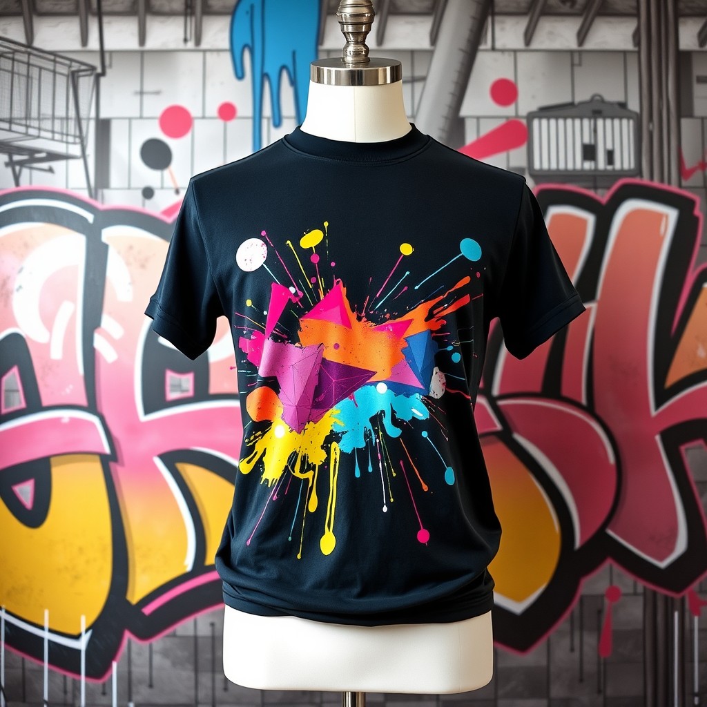 A trendy and stylish t-shirt design featuring vibrant colors, graffiti art, and abstract shapes