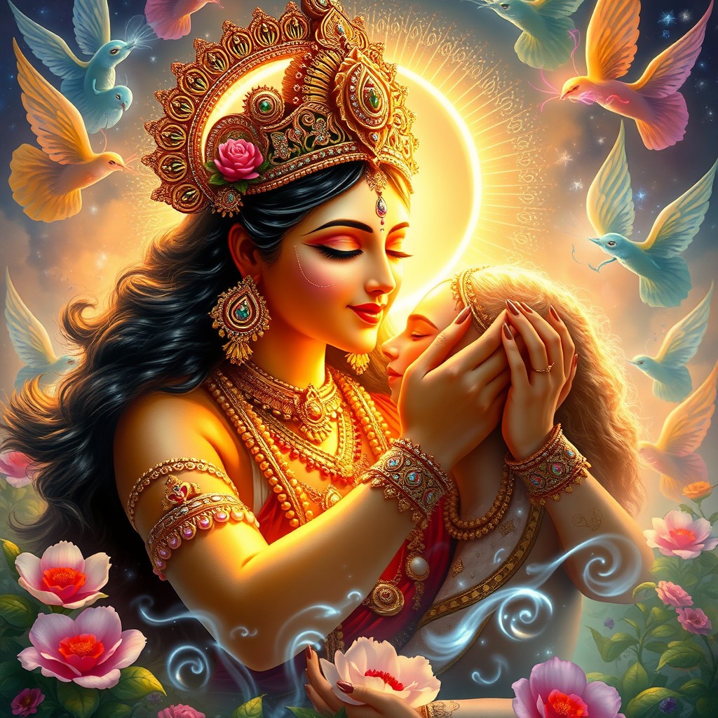 A breathtaking depiction of the Hindu goddess Durga, radiating beauty and grace, as she gently kisses the cheeks of a divine being in the wondrous realm of Swarglok