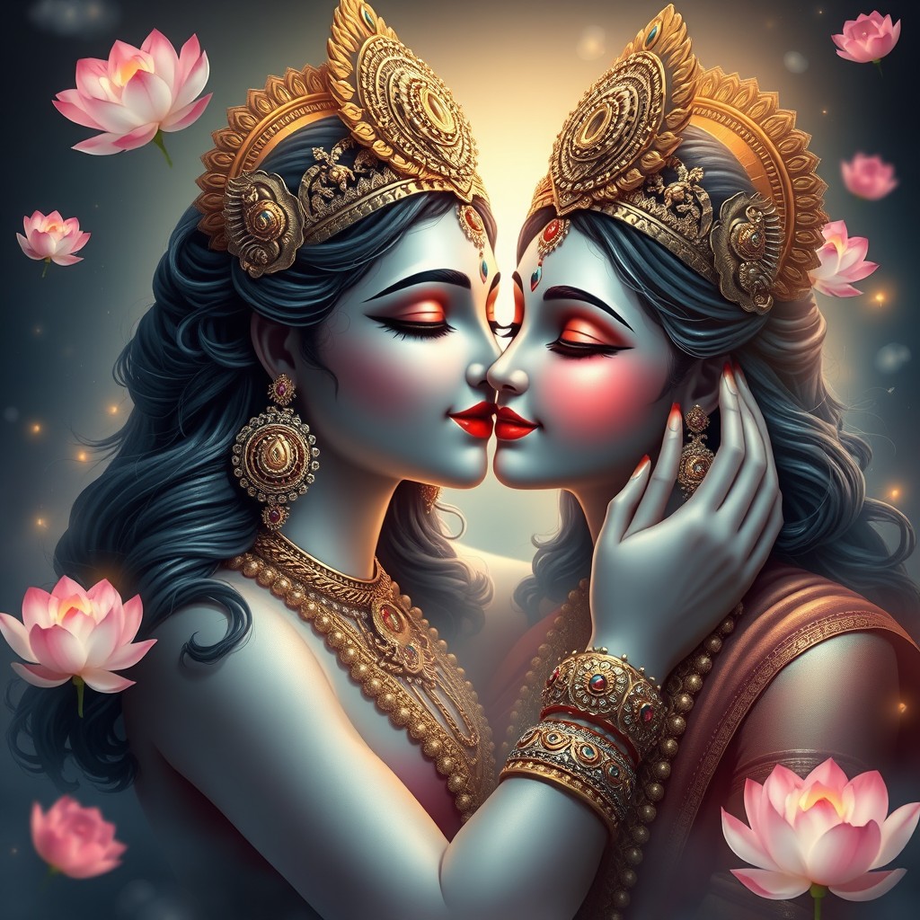A beautiful portrayal of the Hindu goddess Devi, capturing the moment as she gently kisses the cheek of a divine figure