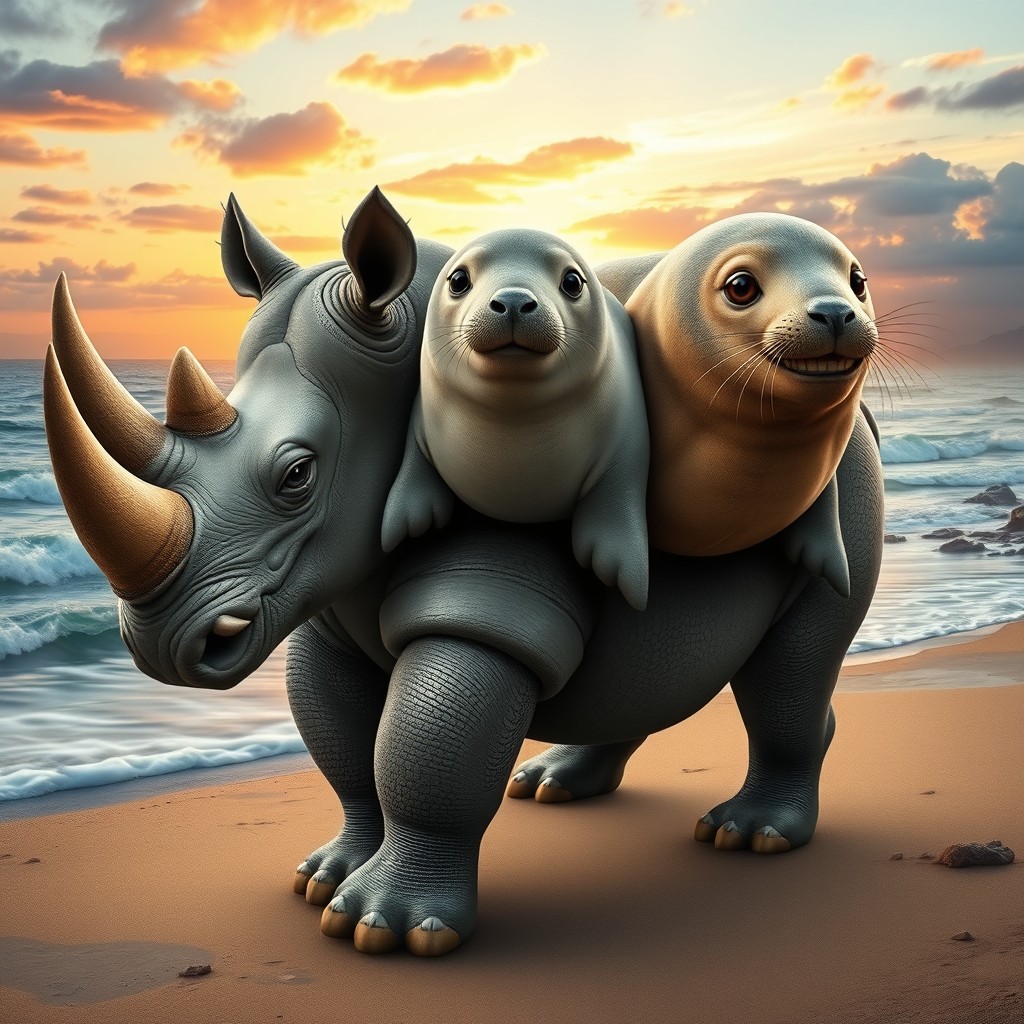 An imaginative three-headed hybrid creature that seamlessly blends the powerful features of a rhinoceros with the playful characteristics of a seal