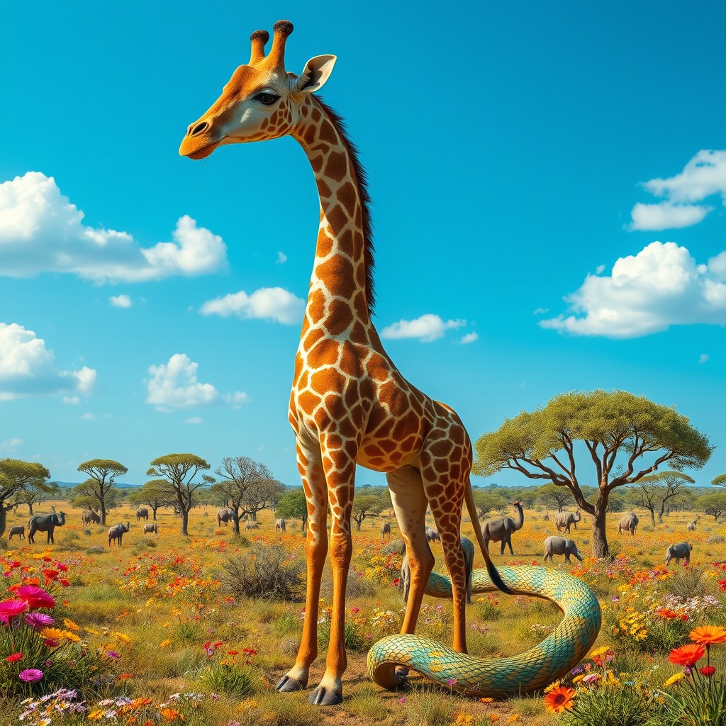 A fantastical creature featuring the towering, elegant body of a giraffe combined with a long, sinuous snake tail