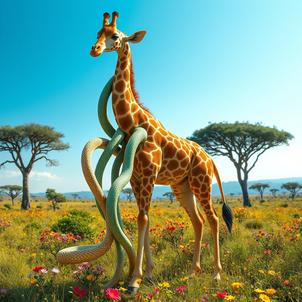A captivating creature that combines the elegant body of a giraffe with multiple long, sinuous snake tails