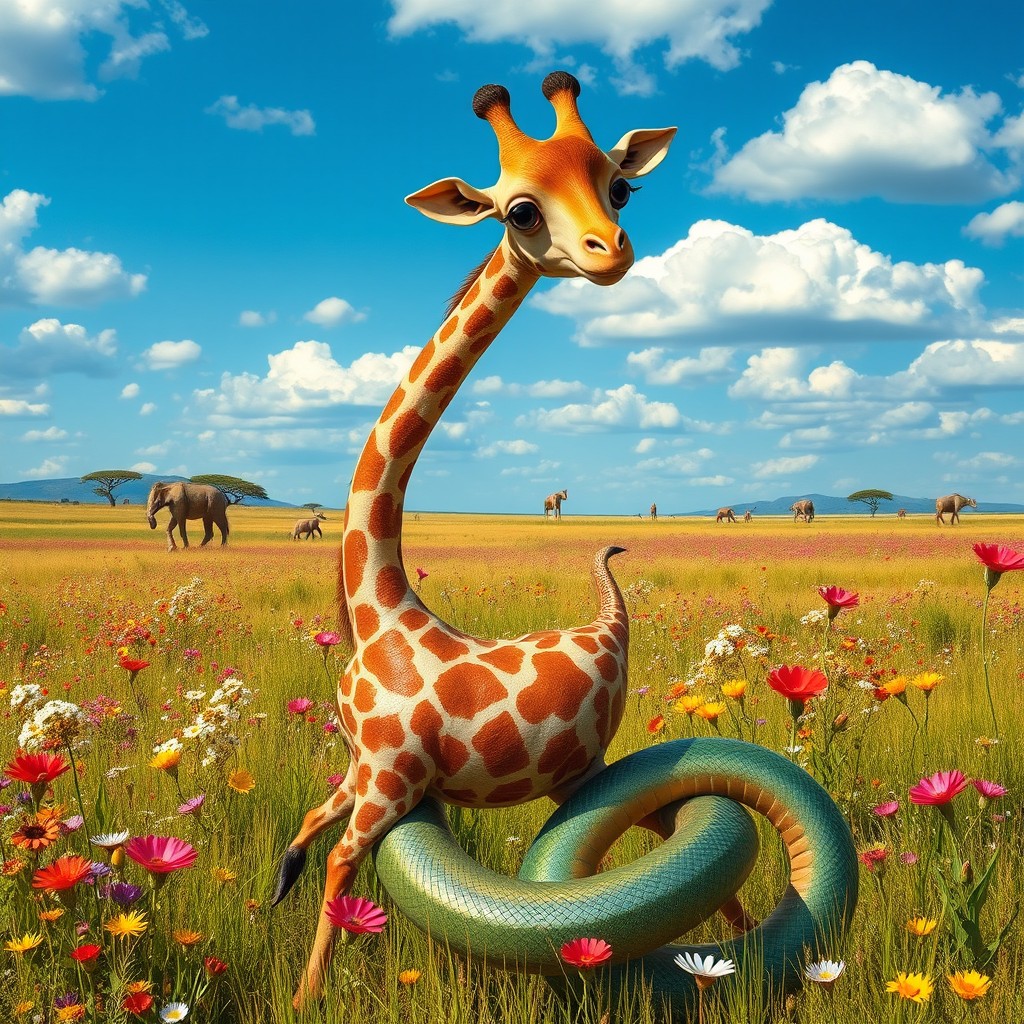 A whimsical creature that combines the elegant form of a giraffe with the slithering body of a snake