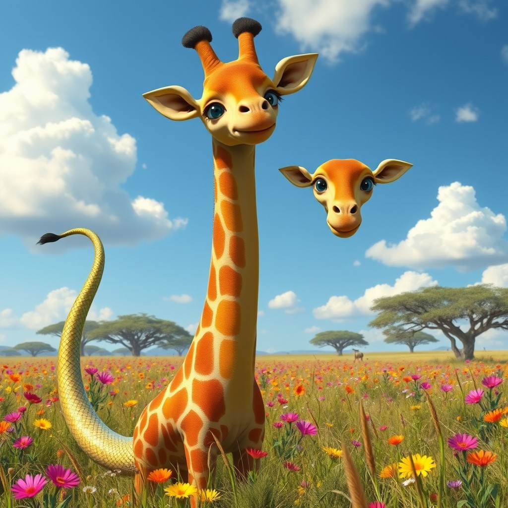 A whimsical creature featuring the elegant body of a giraffe with a long, sinuous snake tail, and two distinct heads