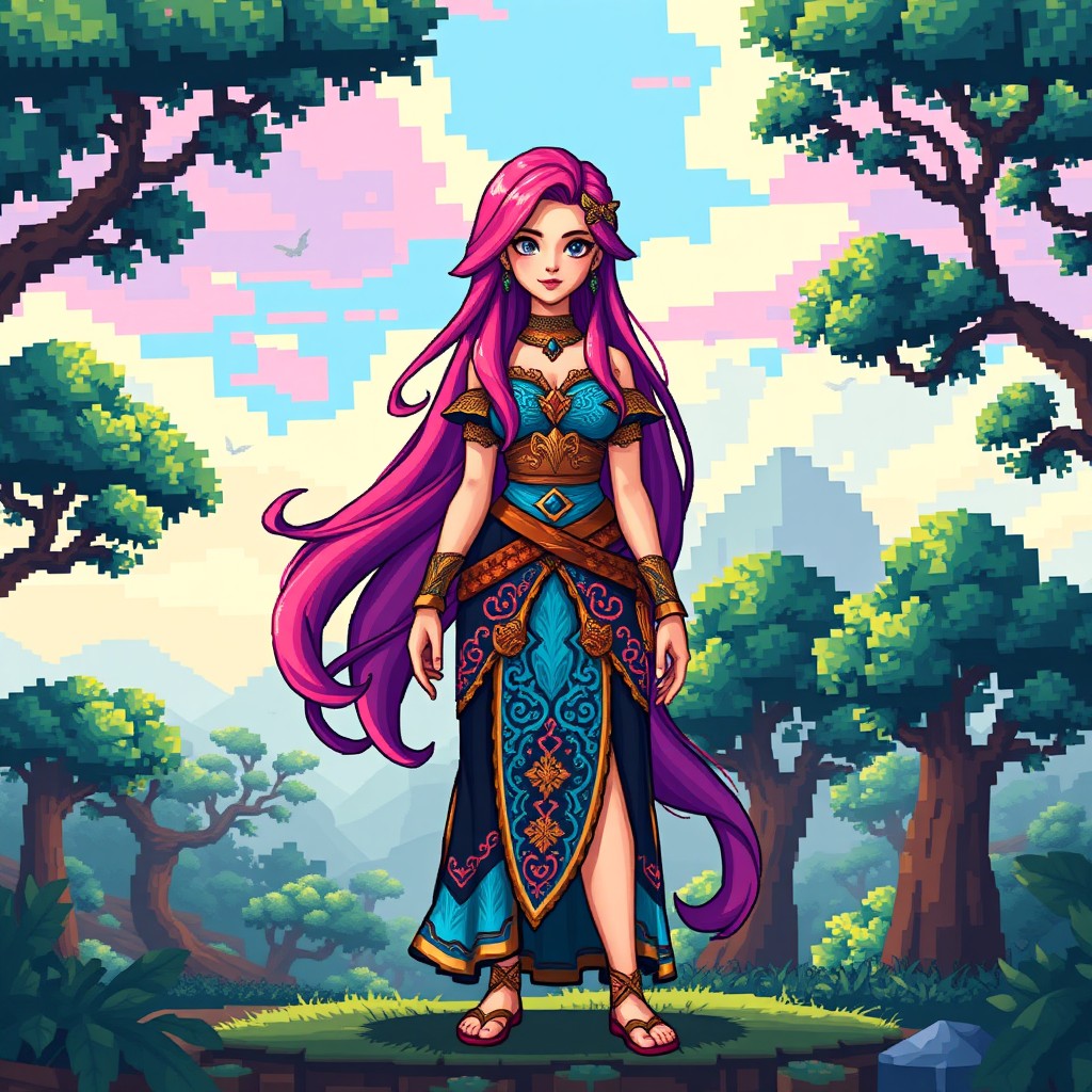 A woman character designed in the style of a pixel art game