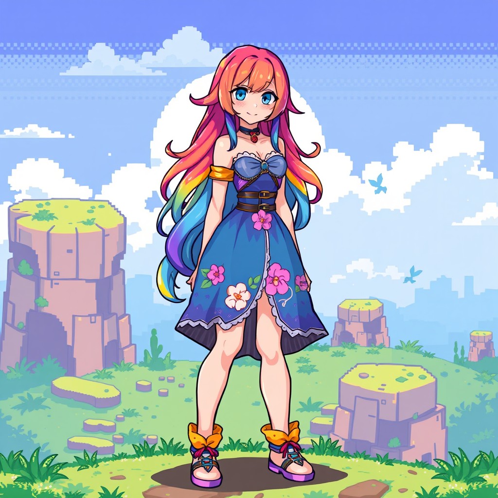 A woman character in anime clothing inspired by pixel art game aesthetics