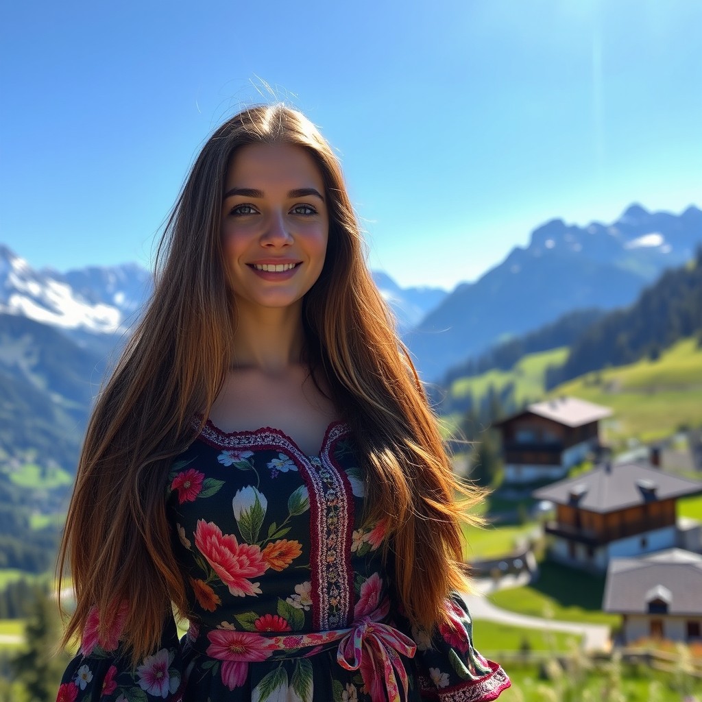 A breathtaking view of a young woman standing in a picturesque Swiss landscape, surrounded by majestic snow-capped mountains and lush green valleys