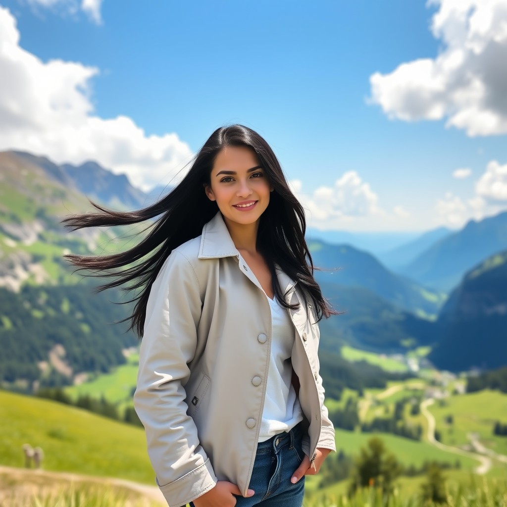 A beautiful girl standing in a picturesque Swiss landscape, featuring stunning alpine mountains and lush green valleys