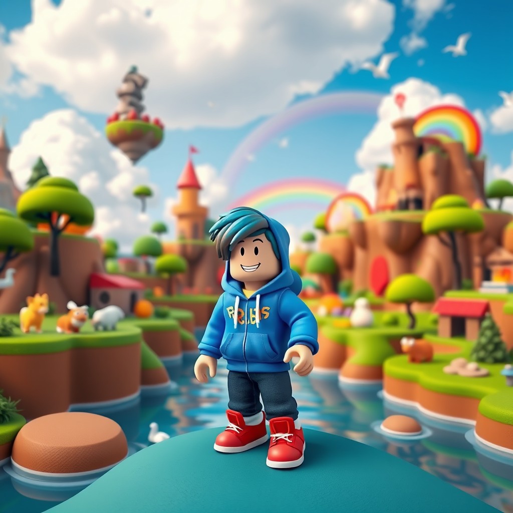 A vibrant scene depicting a character in a Roblox world, surrounded by colorful landscapes with creative structures