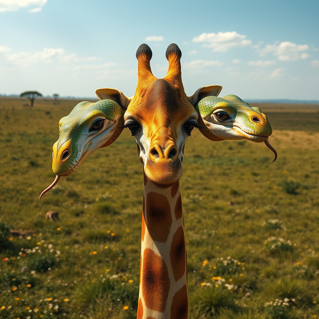 An imaginative creature that seamlessly blends the graceful body of a giraffe with two distinct snake-like heads