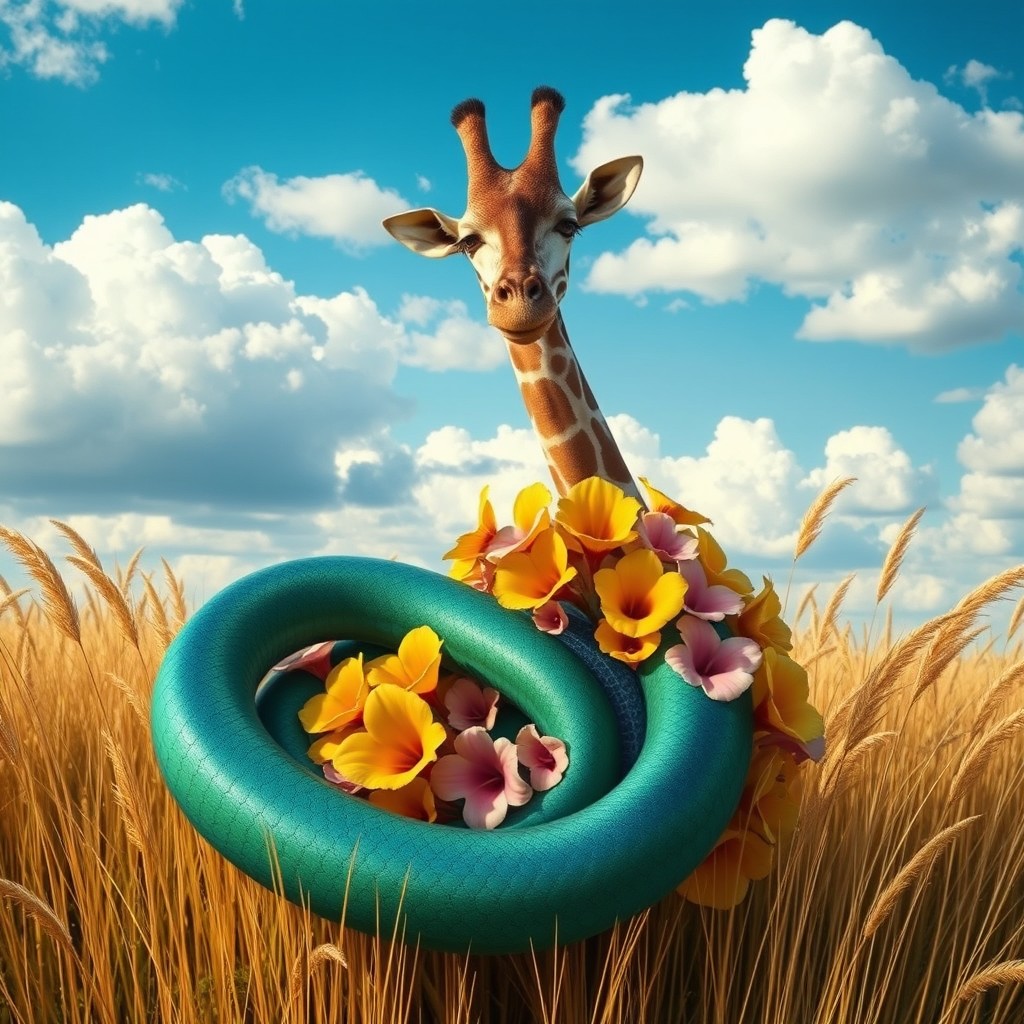 A fantastical creature known as a 'giraffesnake', merging the elegant physical traits of a giraffe and the sleek form of a snake into a singular being