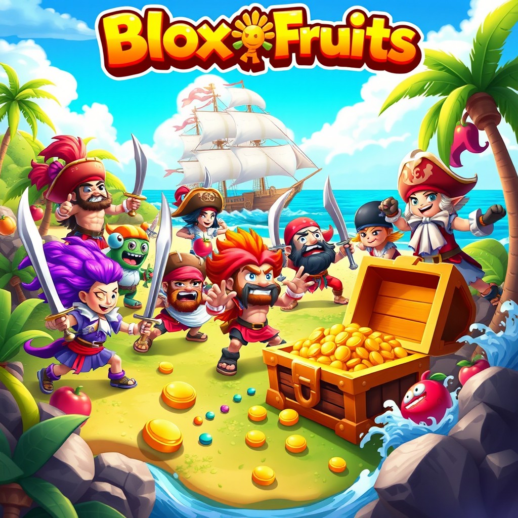 A vibrant and dynamic scene depicting characters from a pirate-themed adventure inspired by the game Blox Fruits