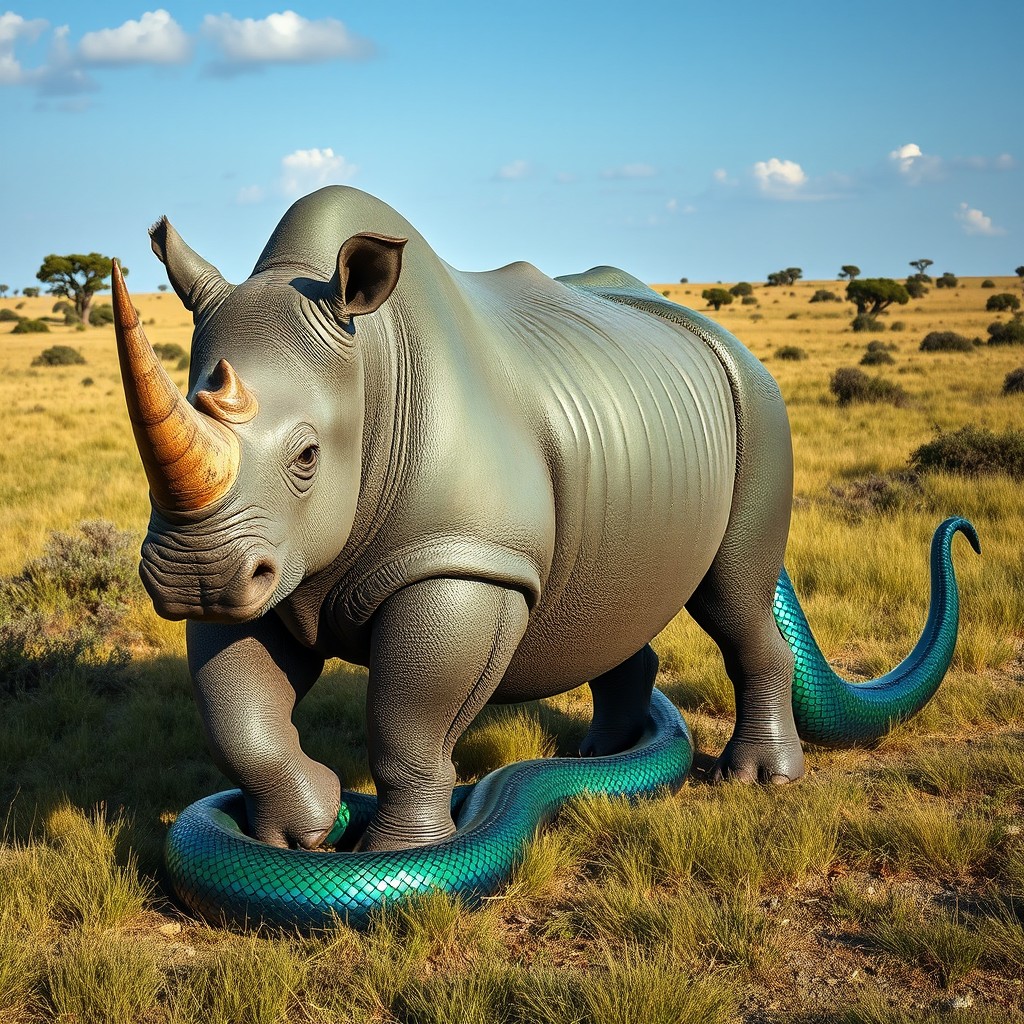 A striking creature that fuses the robust physique of a rhinoceros with a long and elegant snake tail