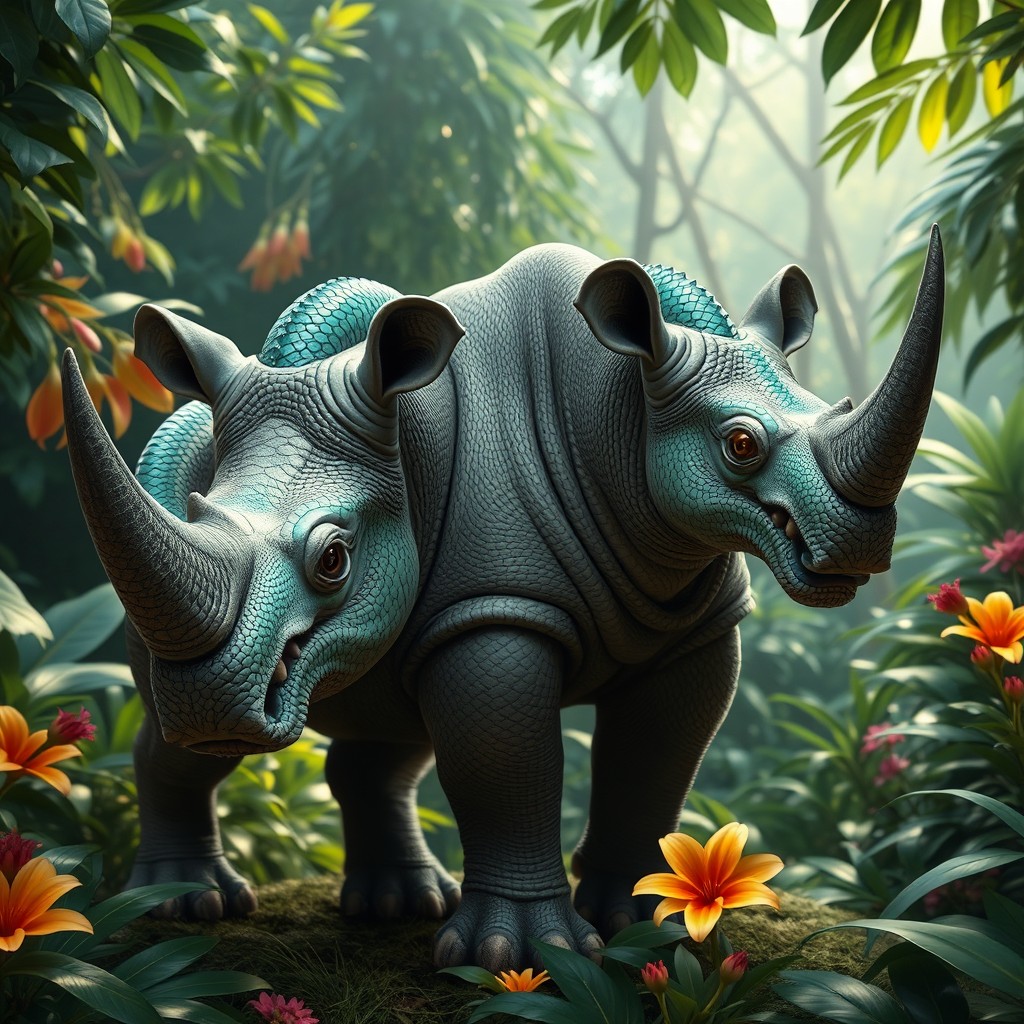 A striking and imaginative creature known as a 'two-headed rhinosnake', showcasing the powerful body of a rhinoceros combined with the sleek form of a snake and featuring two distinct heads