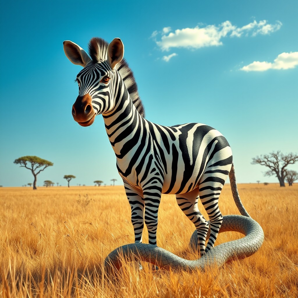 A unique and imaginative creature known as a 'zebra snake tail', featuring the robust body of a zebra and a long, sinuous tail that resembles a snake