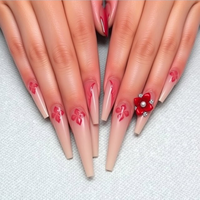 A photo-realistic image of a woman's hands with long stiletto-shaped nails