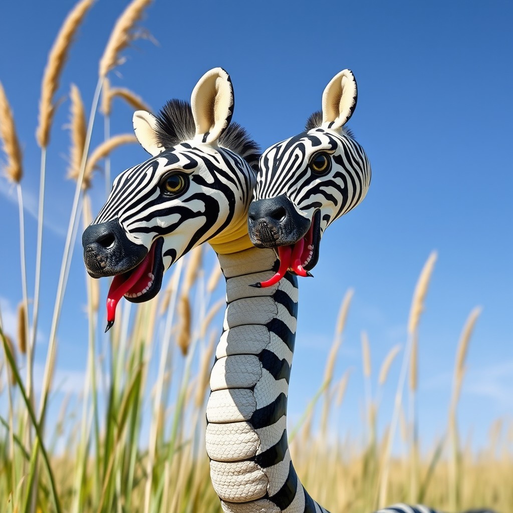An imaginative creature known as a 'two-headed zebra snake', featuring the elongated, sinuous body of a snake adorned with vibrant stripes resembling those of a zebra