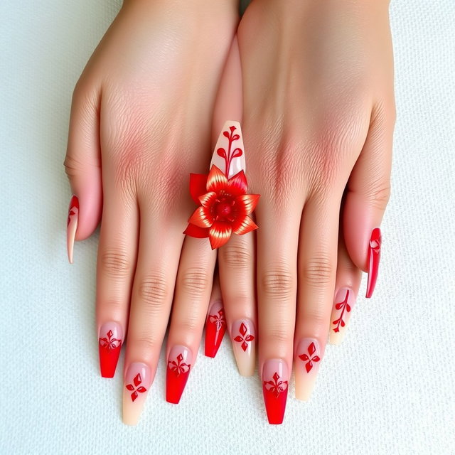 A photo-realistic image of a woman's hands featuring long stiletto-shaped nails