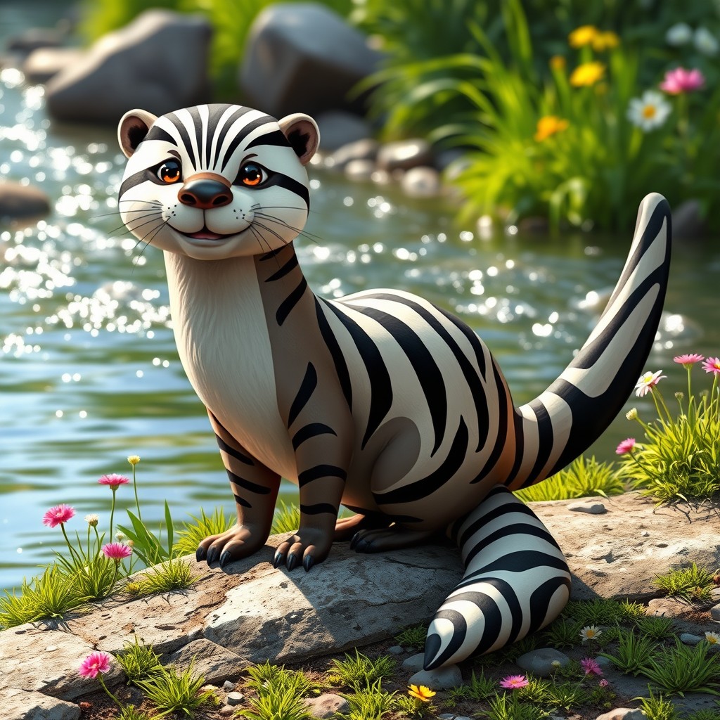 An adorable and imaginative creature known as a 'zebra otter tail', featuring the playful body of an otter combined with the unique stripes of a zebra
