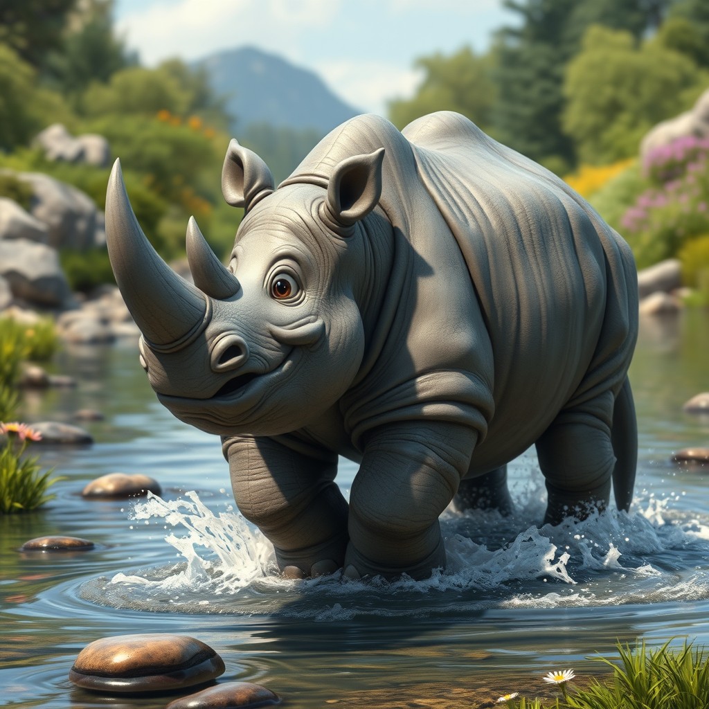 An imaginative creature known as a 'rhino otter tail', combining the sturdy and robust body of a rhinoceros with the playful features of an otter, while showcasing a long, tapered tail reminiscent of an otter’s