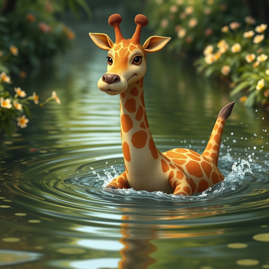 An imaginative creature known as a 'giraffe otter', featuring the playful and sleek body of an otter combined with the long neck and distinctive patterns of a giraffe