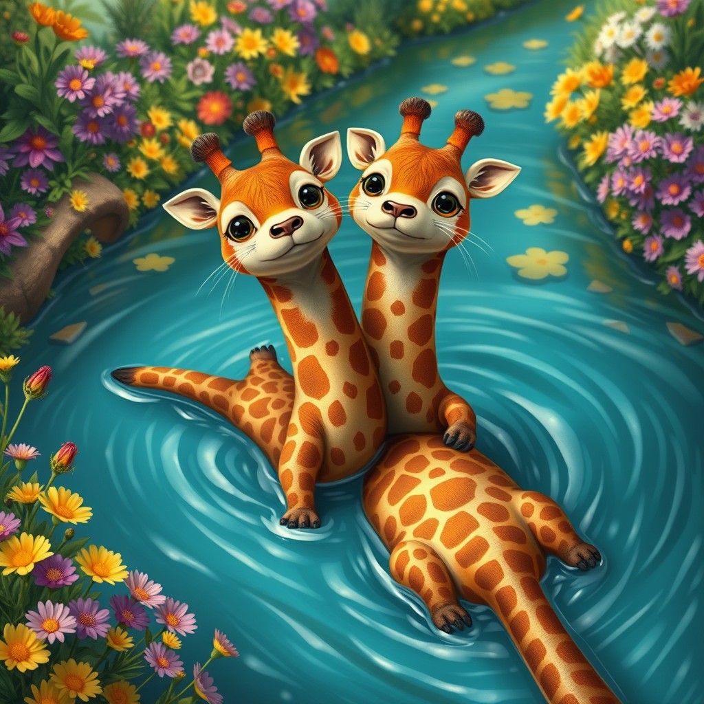 An imaginative creature known as a 'giraffe otter with two heads', featuring the playful and sleek body of an otter combined with the long neck of a giraffe, but with two whimsical heads at the top of its neck