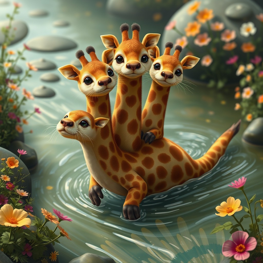 An imaginative creature known as a 'giraffe otter with three heads', blending the playful body of an otter with the long neck and distinctive patterns of a giraffe, showcasing three whimsical heads atop its neck