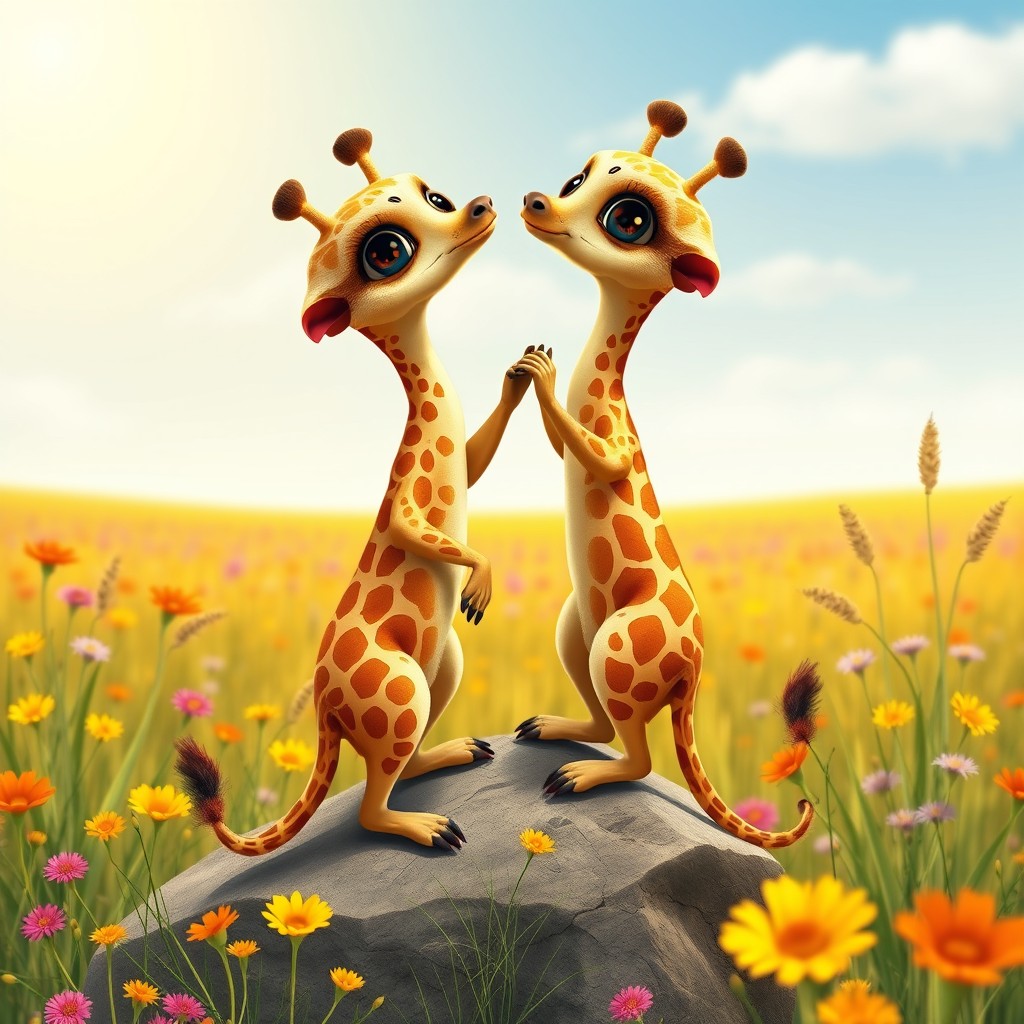 An imaginative creature known as a 'giraffe meerkat with two heads', blending the slender body of a meerkat with the long neck and unique patterns of a giraffe