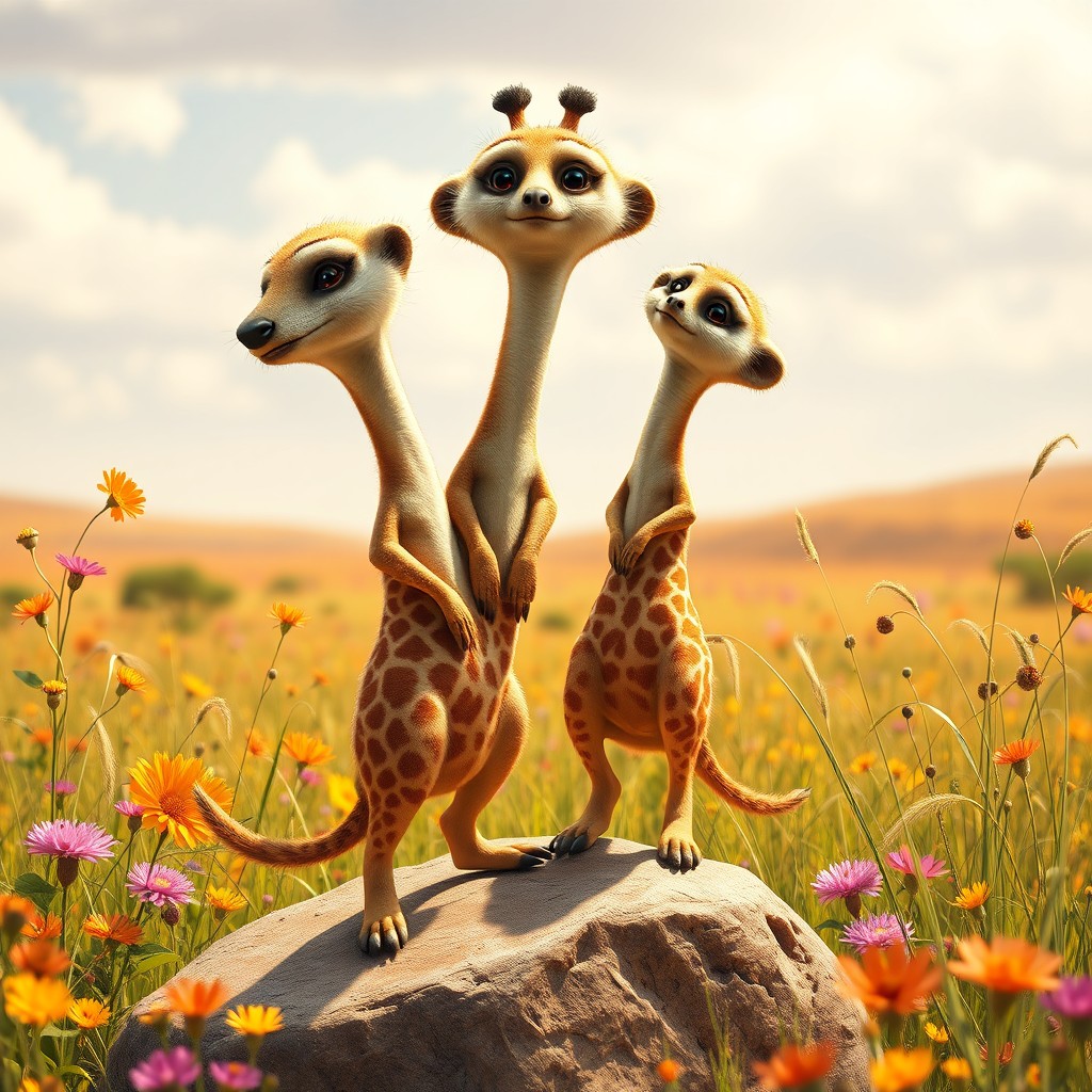 An imaginative creature known as a 'giraffe meerkat with three heads', creatively combining the slender body of a meerkat with the elongated neck and unique patterns of a giraffe