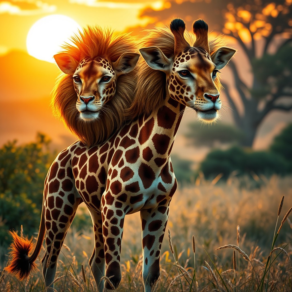 An imaginative creature known as a 'giraffe lion with two heads', combining the majestic features of a lion with the long neck and unique patterns of a giraffe