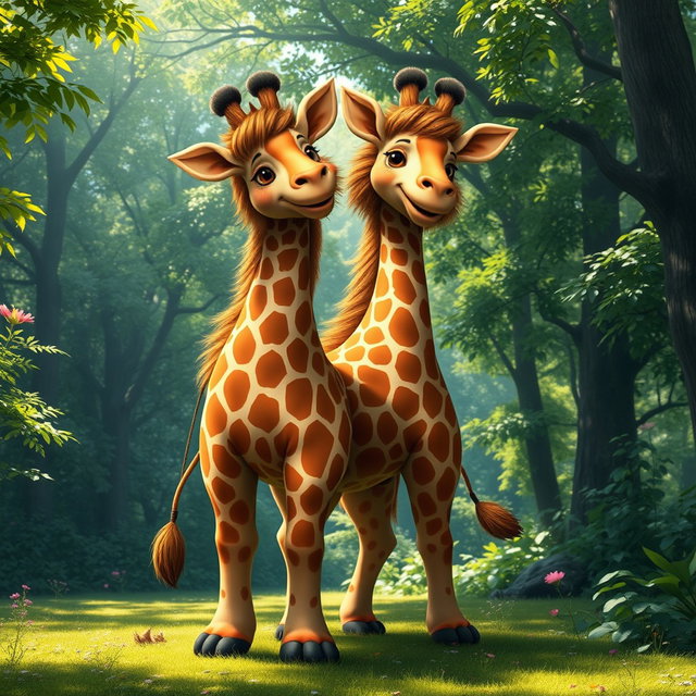 An imaginative creature known as a 'giraffe bear with two heads', creatively combining the majestic features of a giraffe with the robust body of a bear