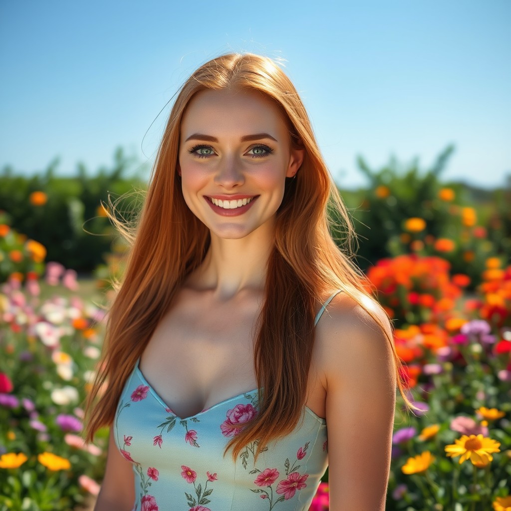 A portrait of a beautiful white woman with long flowing auburn hair, sparkling green eyes, and a warm smile