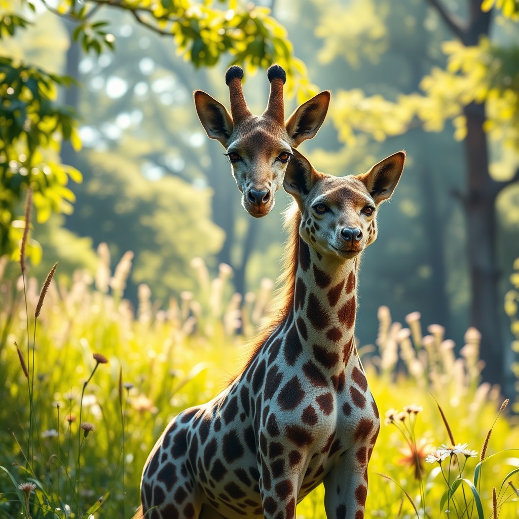 An imaginative creature known as a 'giraffe wolf with two heads', blending the elegant features of a giraffe with the fierce characteristics of a wolf