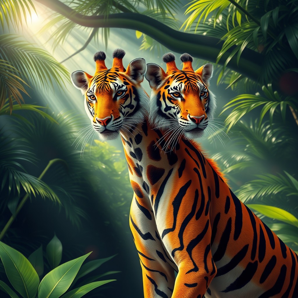 An imaginative creature known as a 'giraffe tiger with two heads', blending the graceful elegance of a giraffe with the powerful presence of a tiger