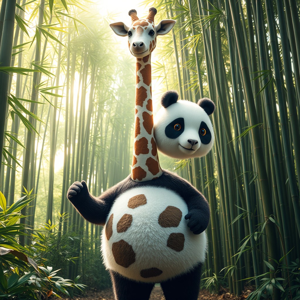 An imaginative creature known as a 'giraffe panda with two heads', creatively merging the towering neck and unique patches of a giraffe with the adorable features of a panda