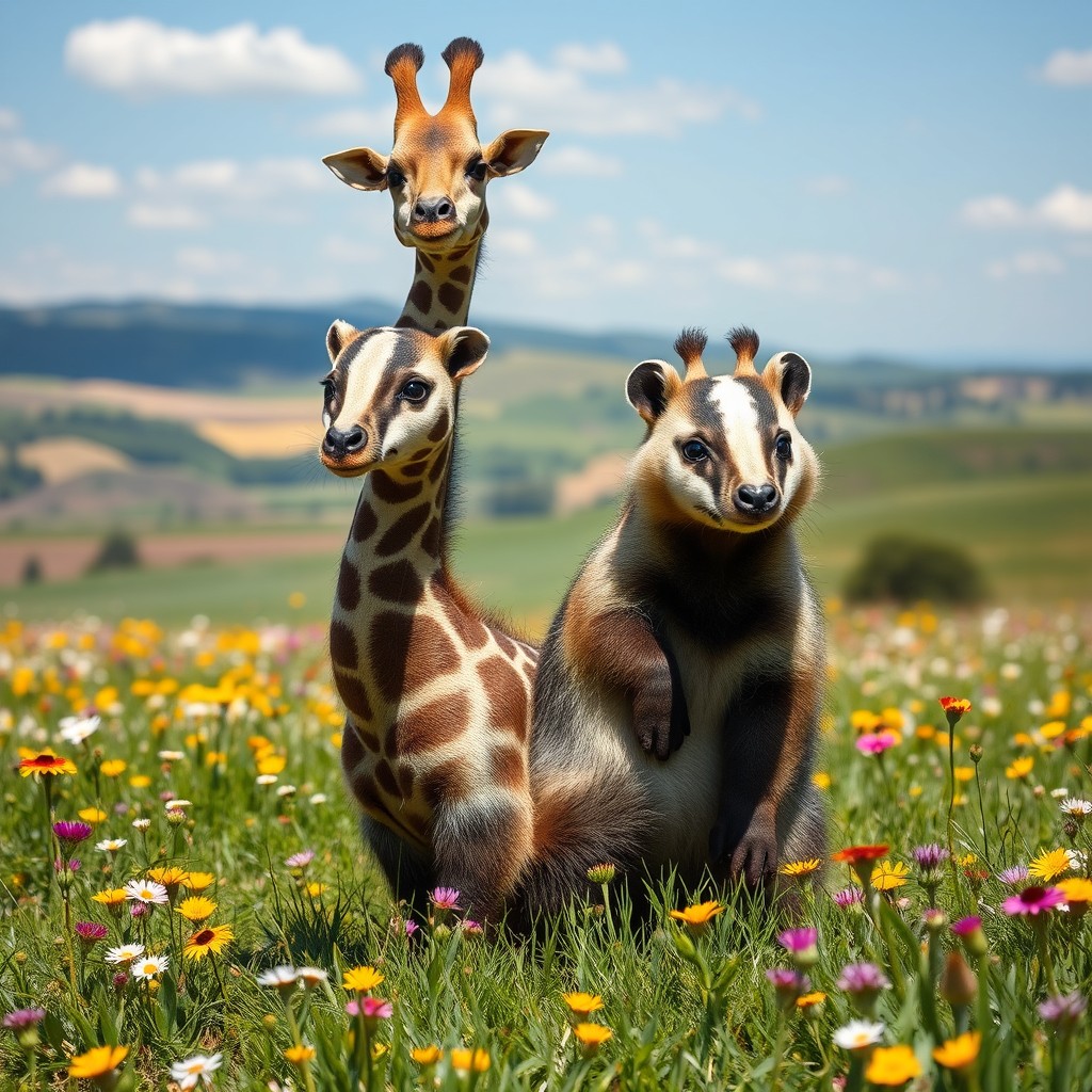 An imaginative creature known as a 'giraffe badger with two heads', creatively merging the tall, elegant neck of a giraffe with the stout and hearty body of a badger