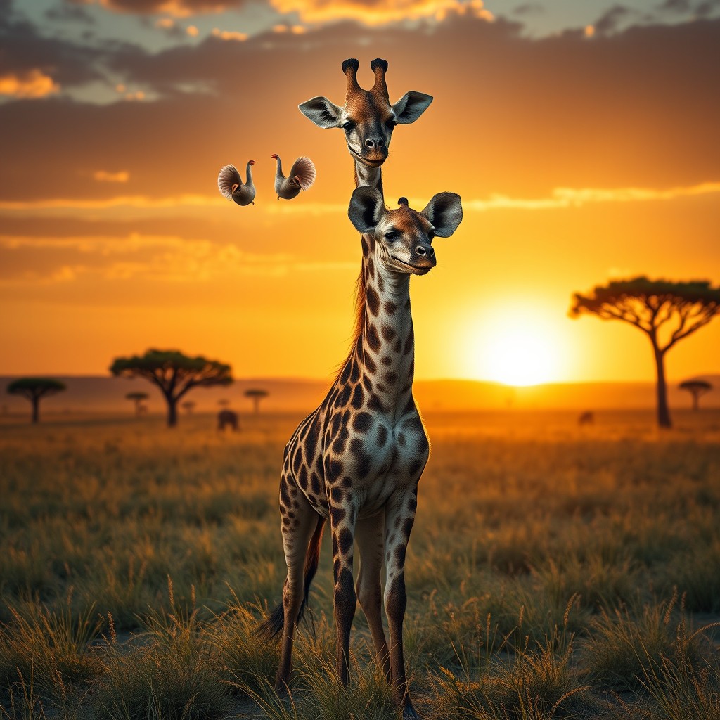 An imaginative creature known as a 'giraffe hyena with two heads', creatively merging the tall, elegant neck of a giraffe with the robust and mischievous features of a hyena