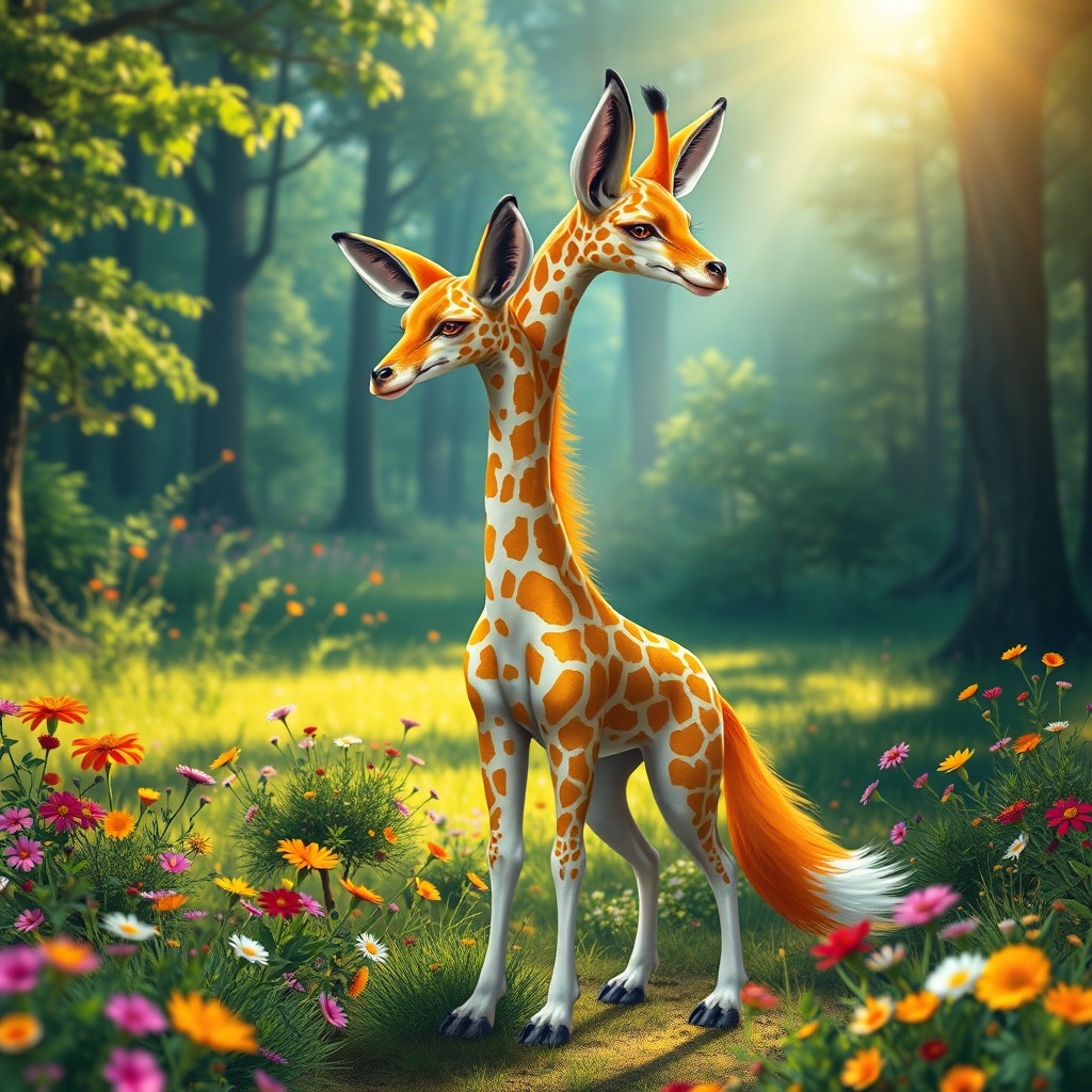An imaginative creature known as a 'giraffe fox with two heads', creatively blending the tall, graceful neck of a giraffe with the sleek, cunning features of a fox