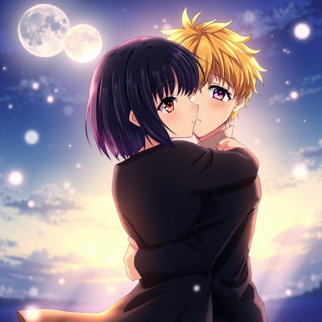 A romantic anime scene featuring a girl with short, straight black hair and reddish eyes, wearing black clothing, embracing a boy with yellow hair, honey-colored eyes, purple lips, and long eyelashes