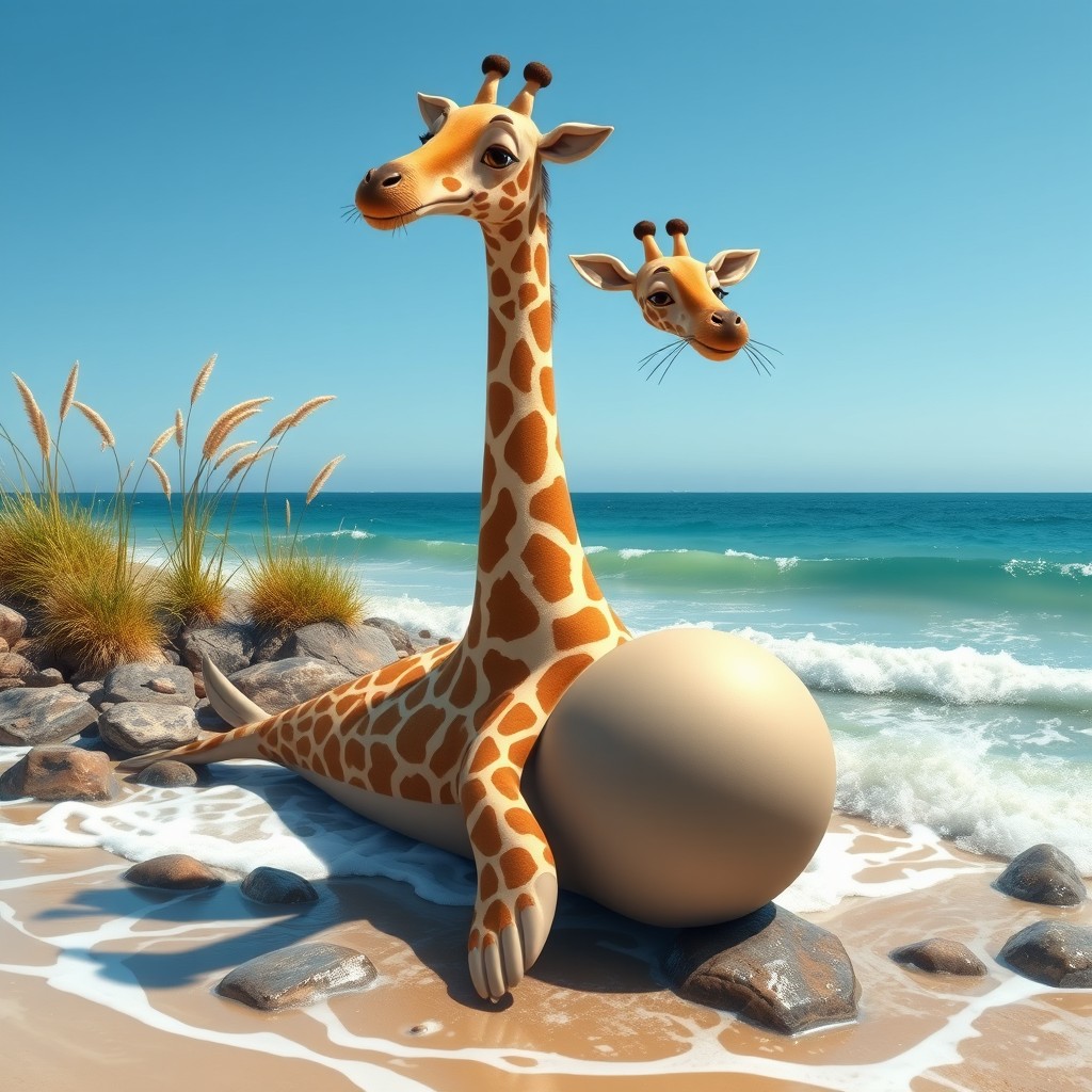 An imaginative creature known as a 'giraffe seal with two heads', combining the tall, graceful neck of a giraffe with the sleek and blubbery form of a seal