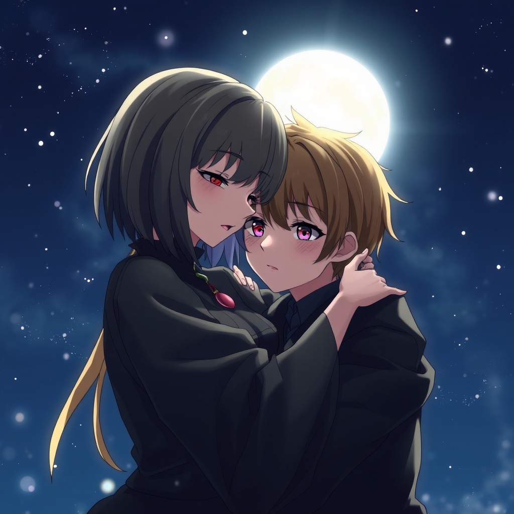 A romantic scene reminiscent of an anime screenshot, featuring a girl with short, straight black hair and reddish eyes, dressed in black clothing, embracing a boy with yellow hair, honey-colored eyes, purple lips, and long eyelashes