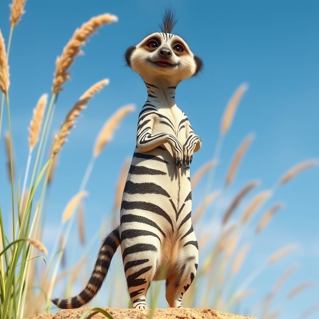 A whimsical creature known as a 'zebra meerkat with a tail', fusing the sleek, striped body of a zebra with the curious posture and playful demeanor of a meerkat
