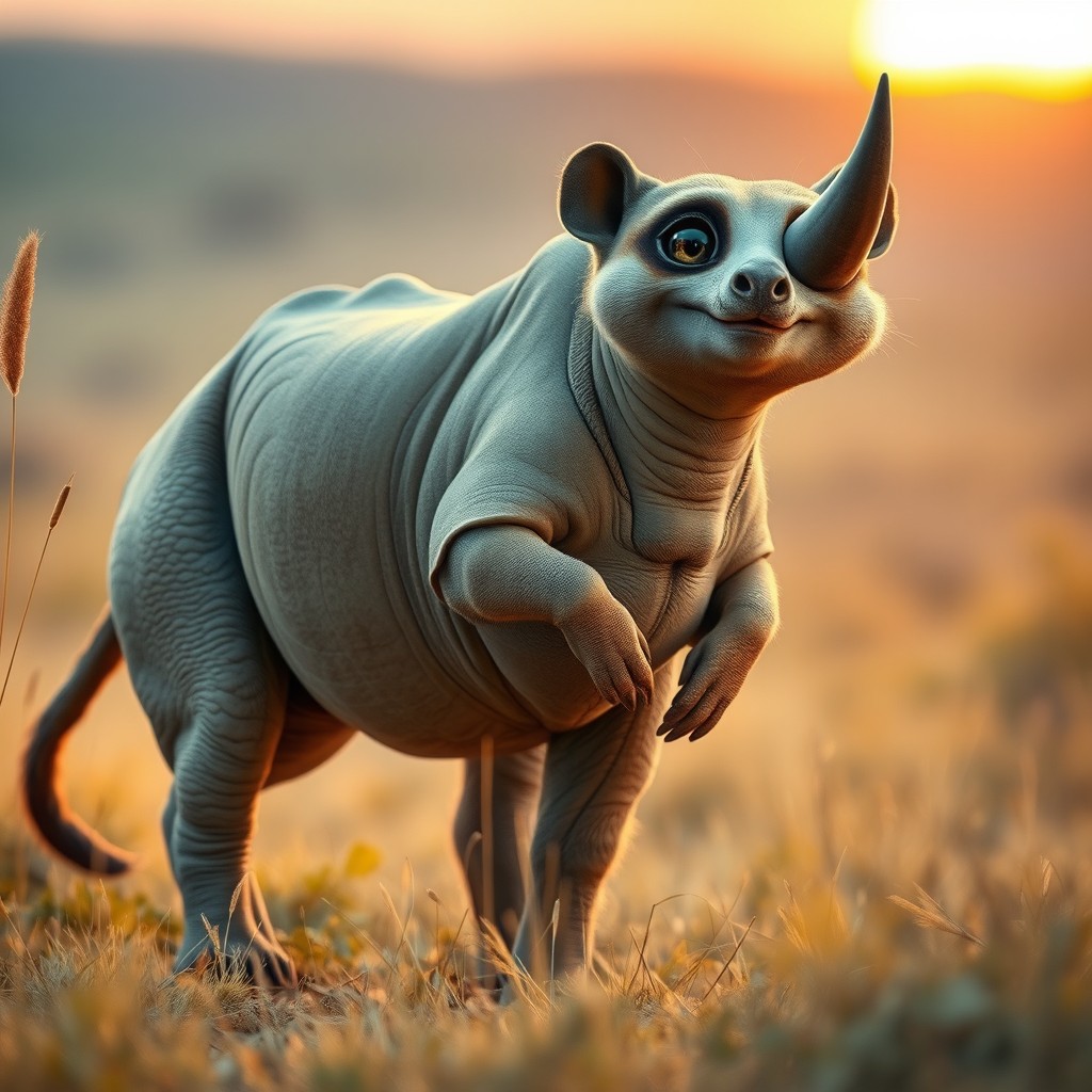 A whimsical creature known as a 'rhino meerkat with a tail', creatively merging the robust body of a rhinoceros with the curious and playful character of a meerkat