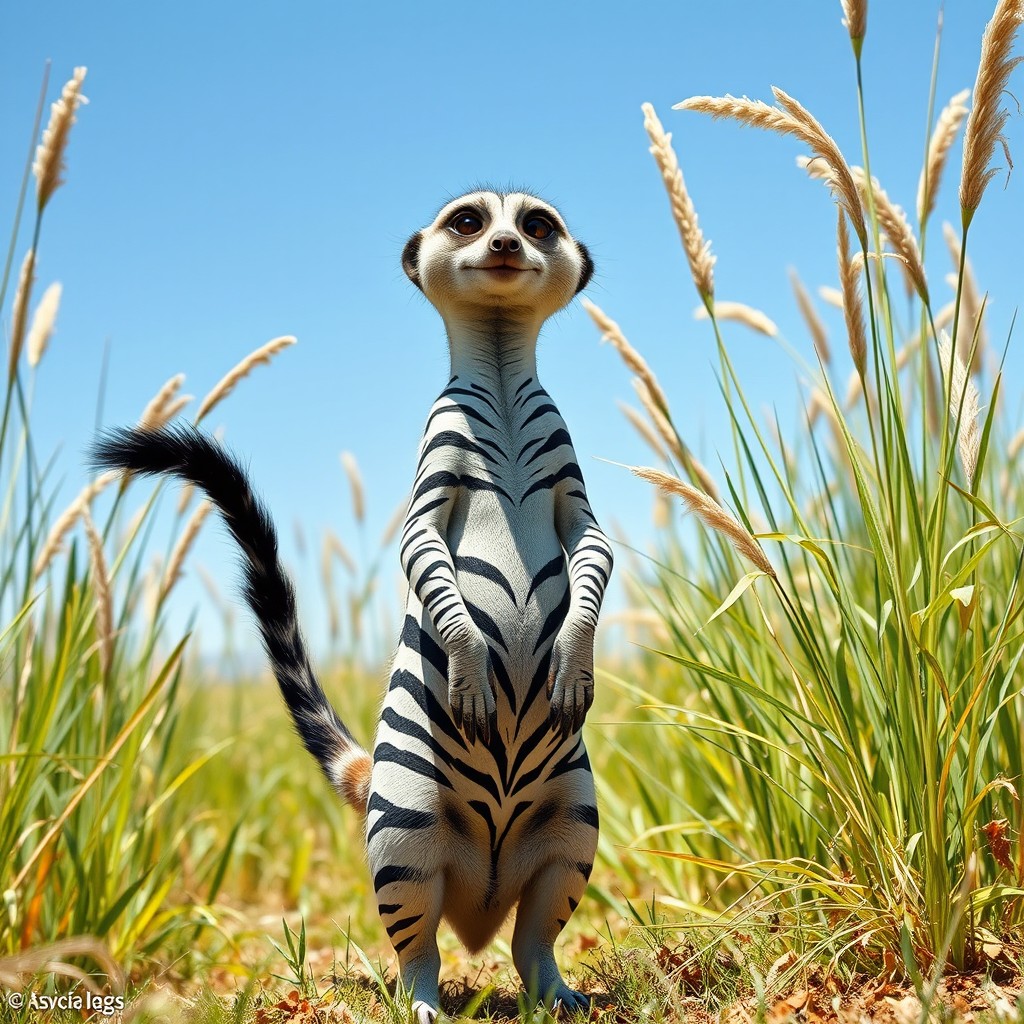 A whimsical creature known as a 'zebra meerkat with two heads and a tail', creatively merging the sleek, striped body of a zebra with the curious nature of a meerkat