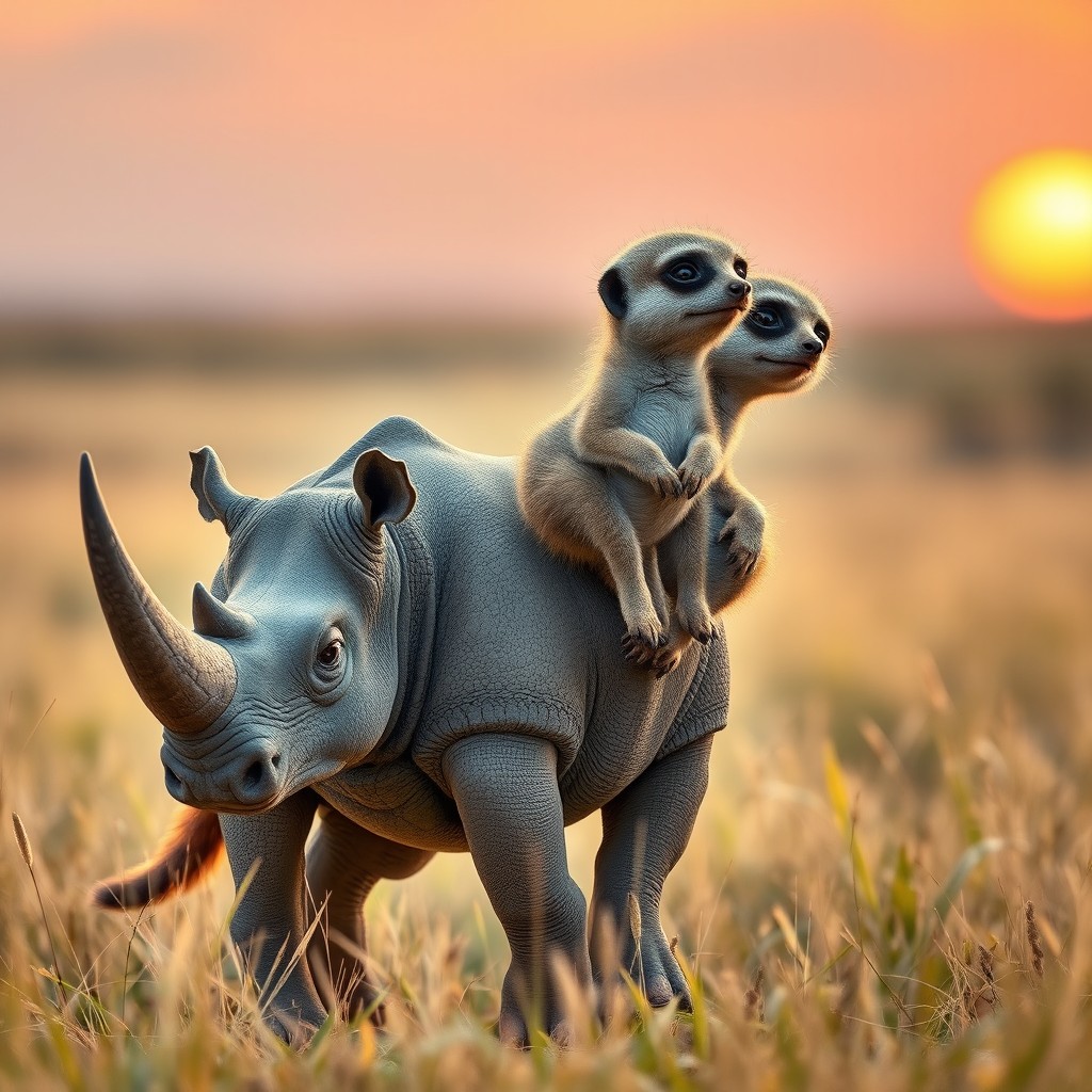 A whimsical creature known as a 'rhino meerkat with two heads and a tail', creatively merging the stout body of a rhinoceros with the curious nature of a meerkat