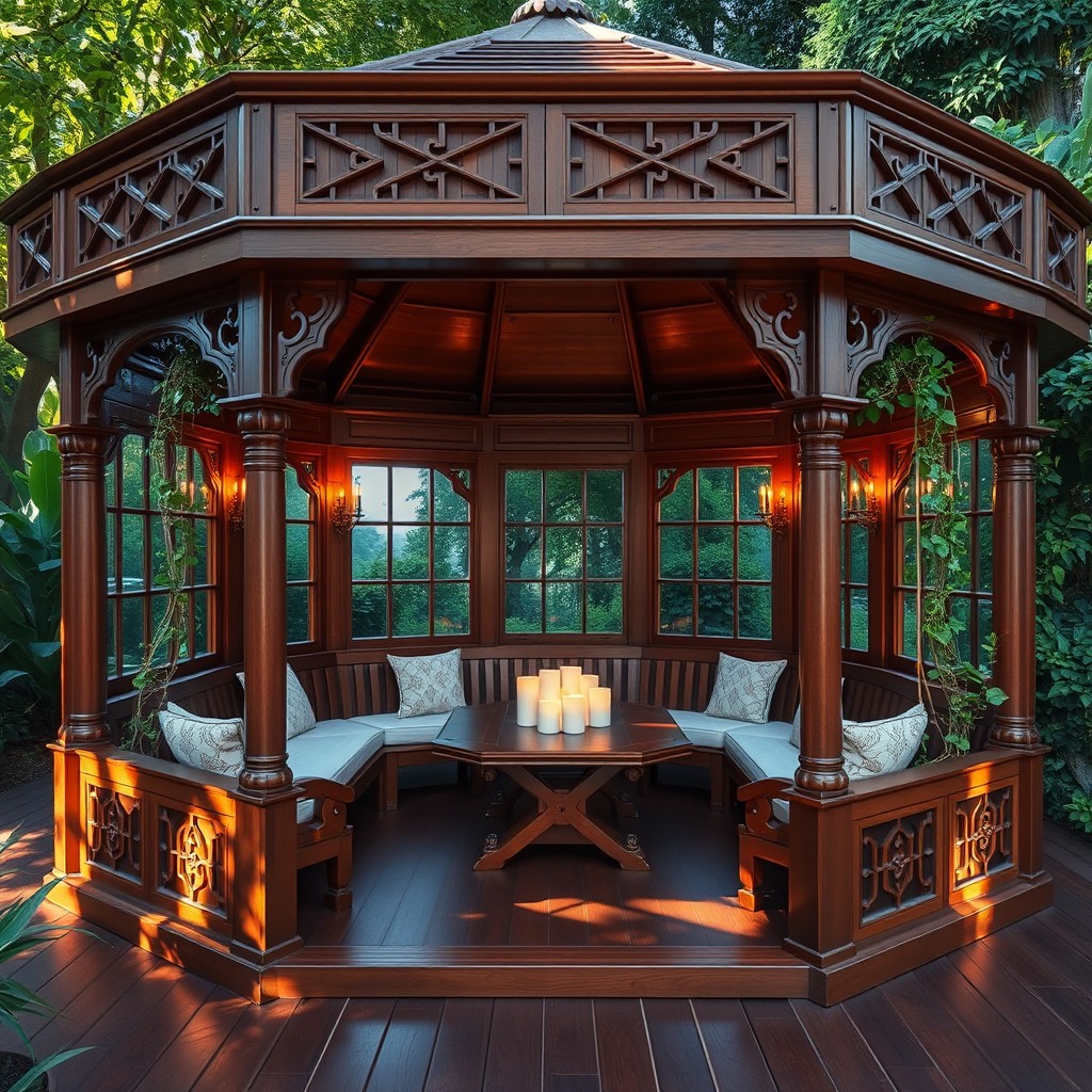 A beautiful wooden octagon, crafted from rich, polished mahogany, with intricate carvings and a glossy finish