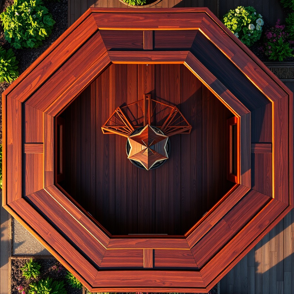 An aerial view of a stunning wooden octagon, showcasing its intricate design and craftsmanship